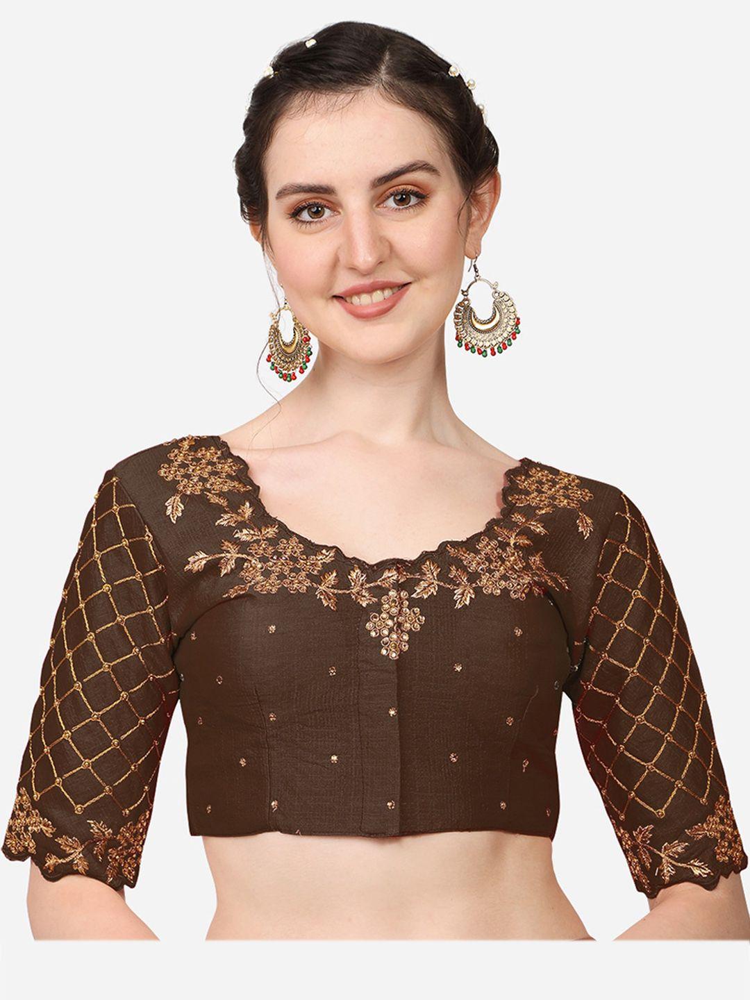 sumaira tex brown embroidery and stone work silk readymade saree blouse