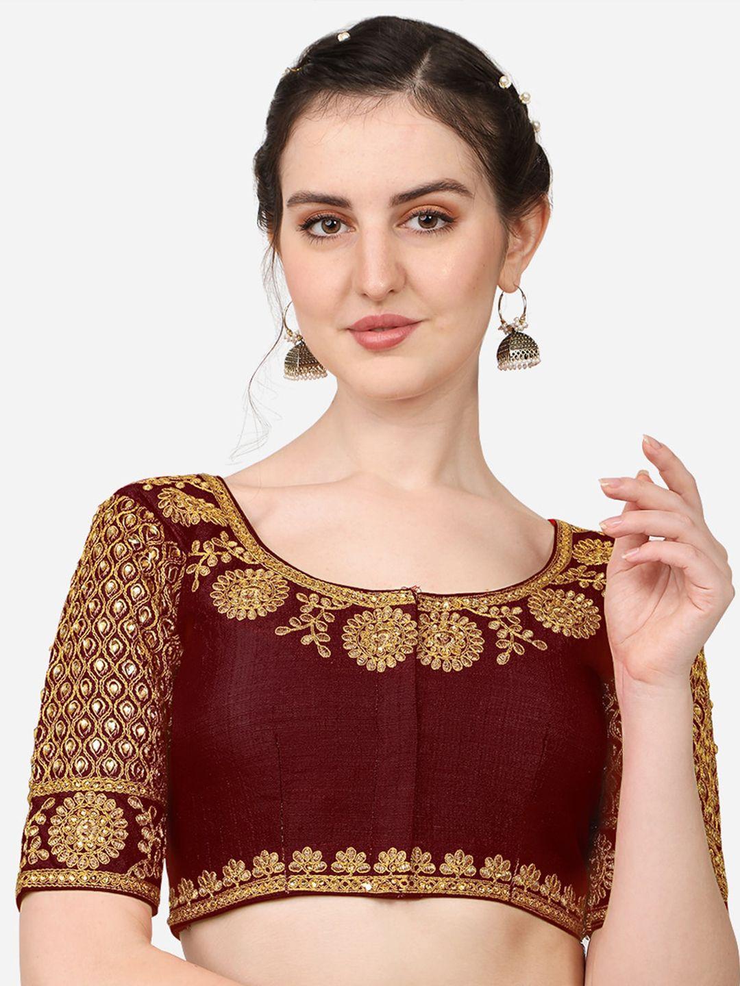 sumaira tex maroon embroidered silk readymade saree blouse