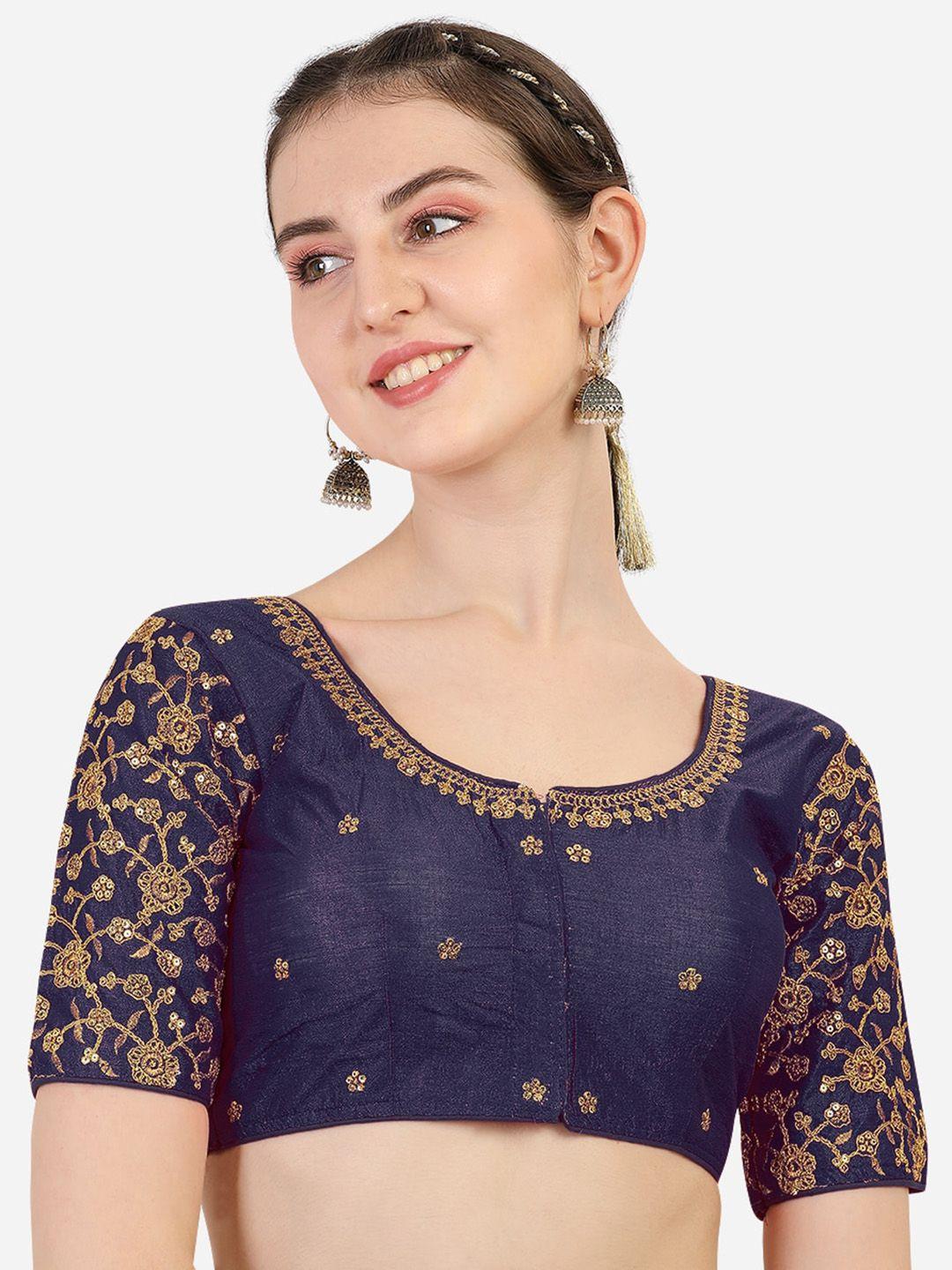 sumaira tex navy blue & gold-toned embroidered readymade saree blouse