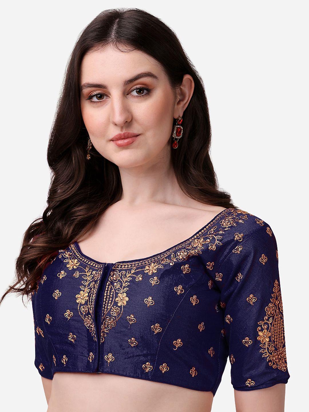 sumaira tex navy blue embroidered readymade saree blouse