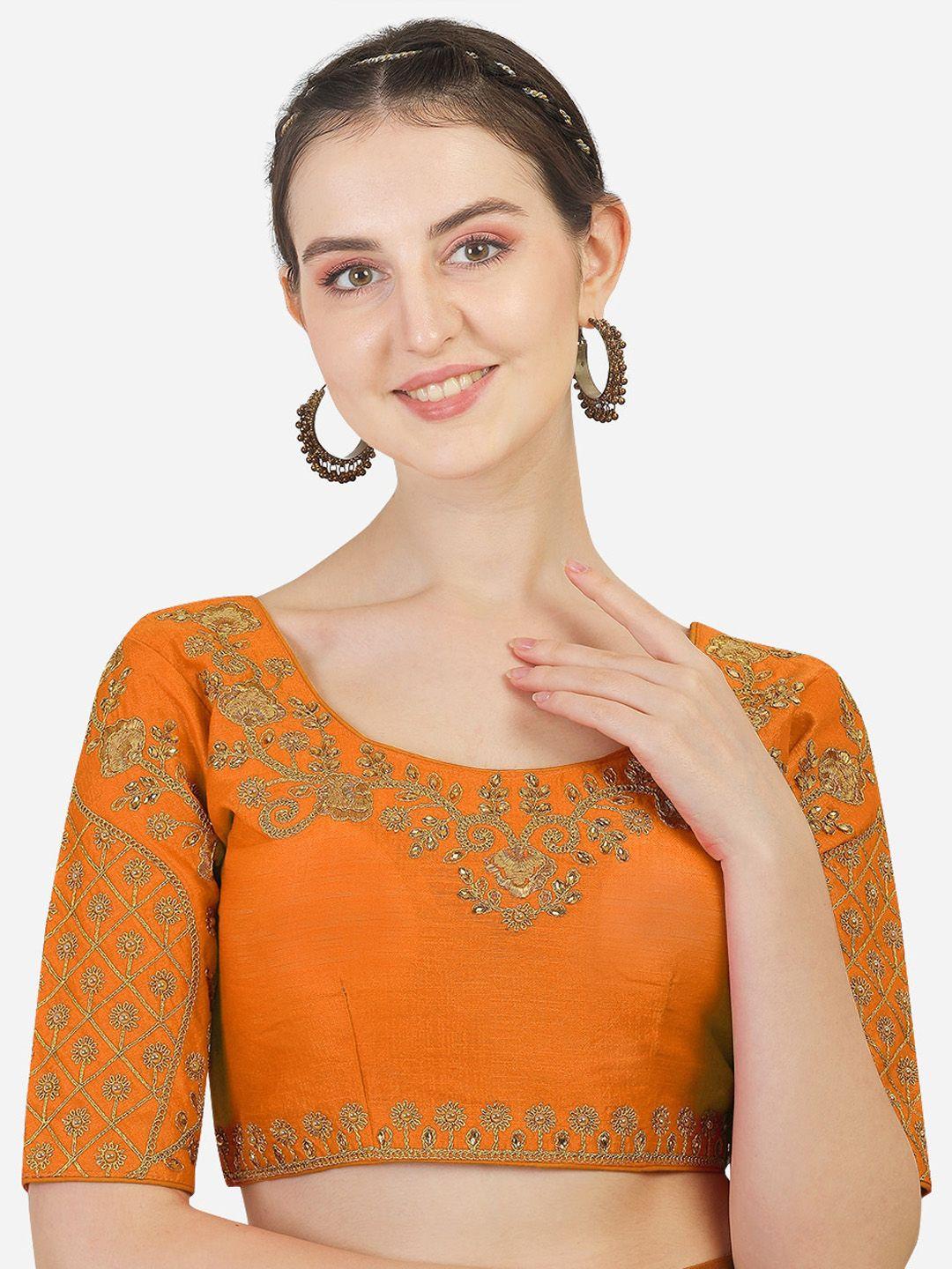 sumaira tex orange & gold-coloured embroidered saree blouse