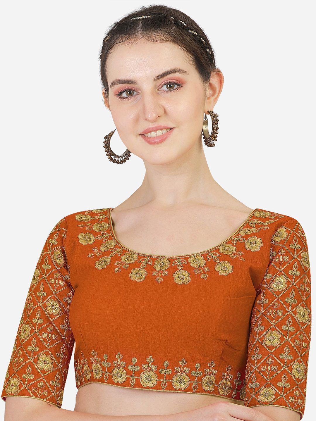 sumaira tex orange embroidered silk padded saree blouse