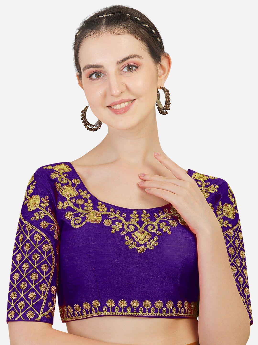 sumaira tex purple & gold-coloured embroidered saree blouse