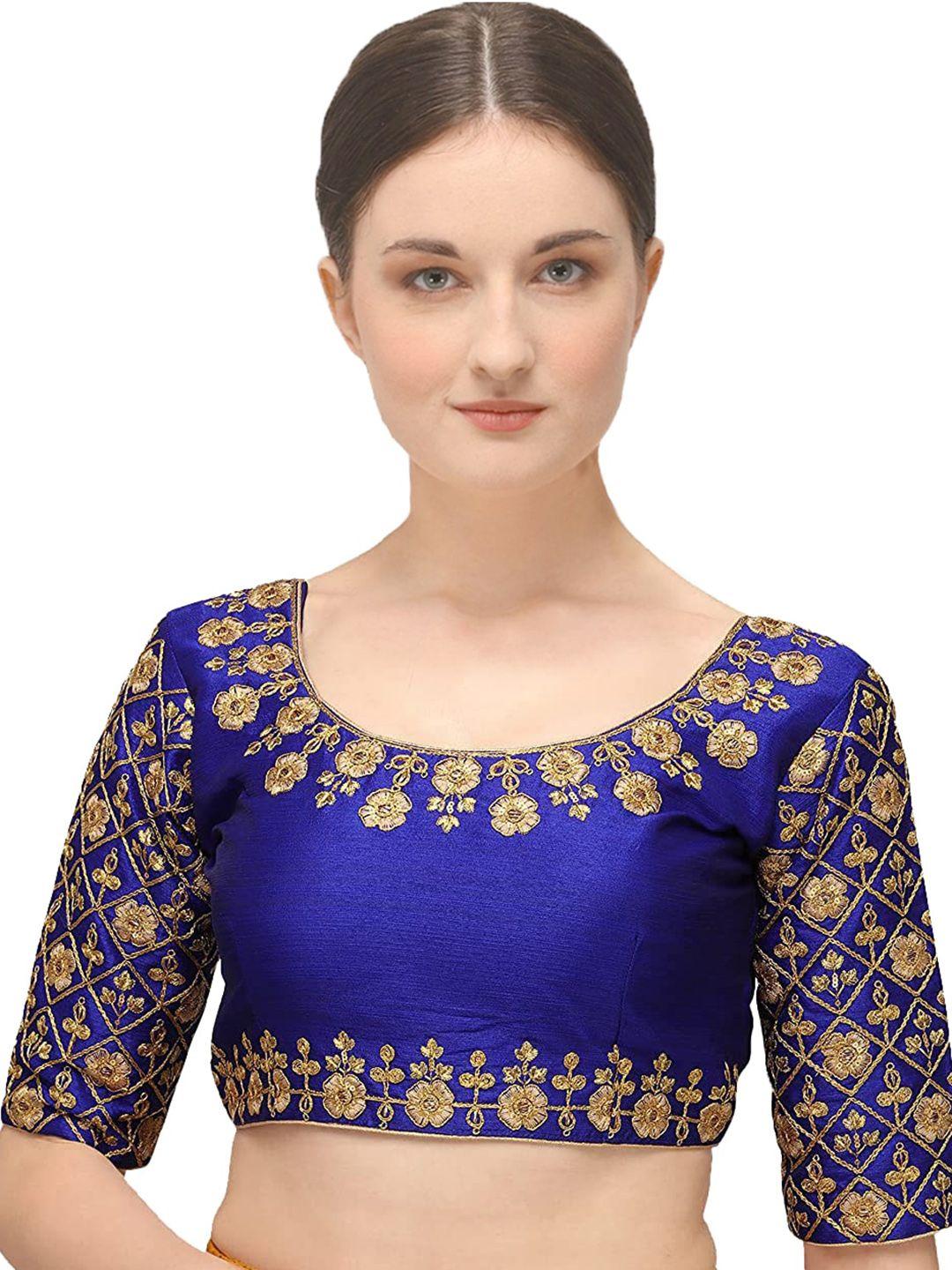 sumaira tex royal-blue & golden embroidered silk readymade saree blouse