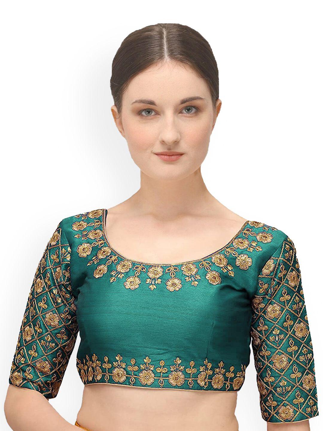 sumaira tex teal green & gold-coloured embroidered saree blouse