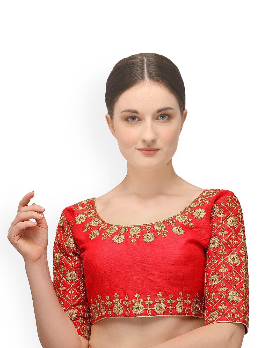 sumaira tex women's red & gold-coloured embroidered saree blouse