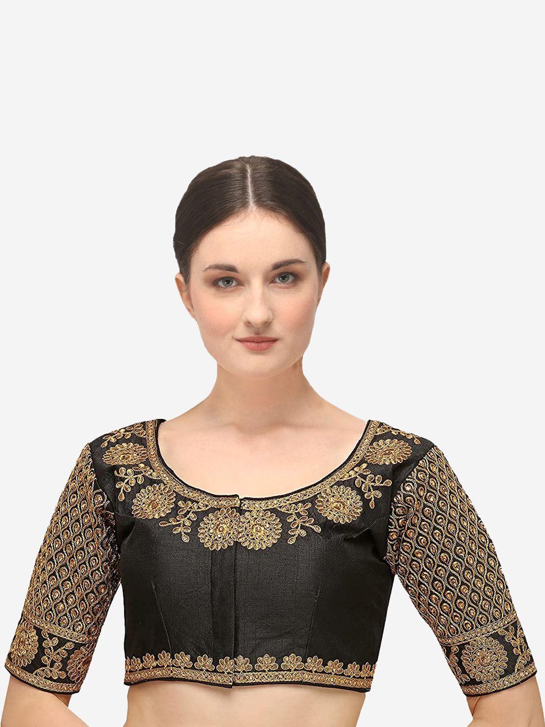 sumaira tex women black & gold-colored embroidered readymade saree blouse