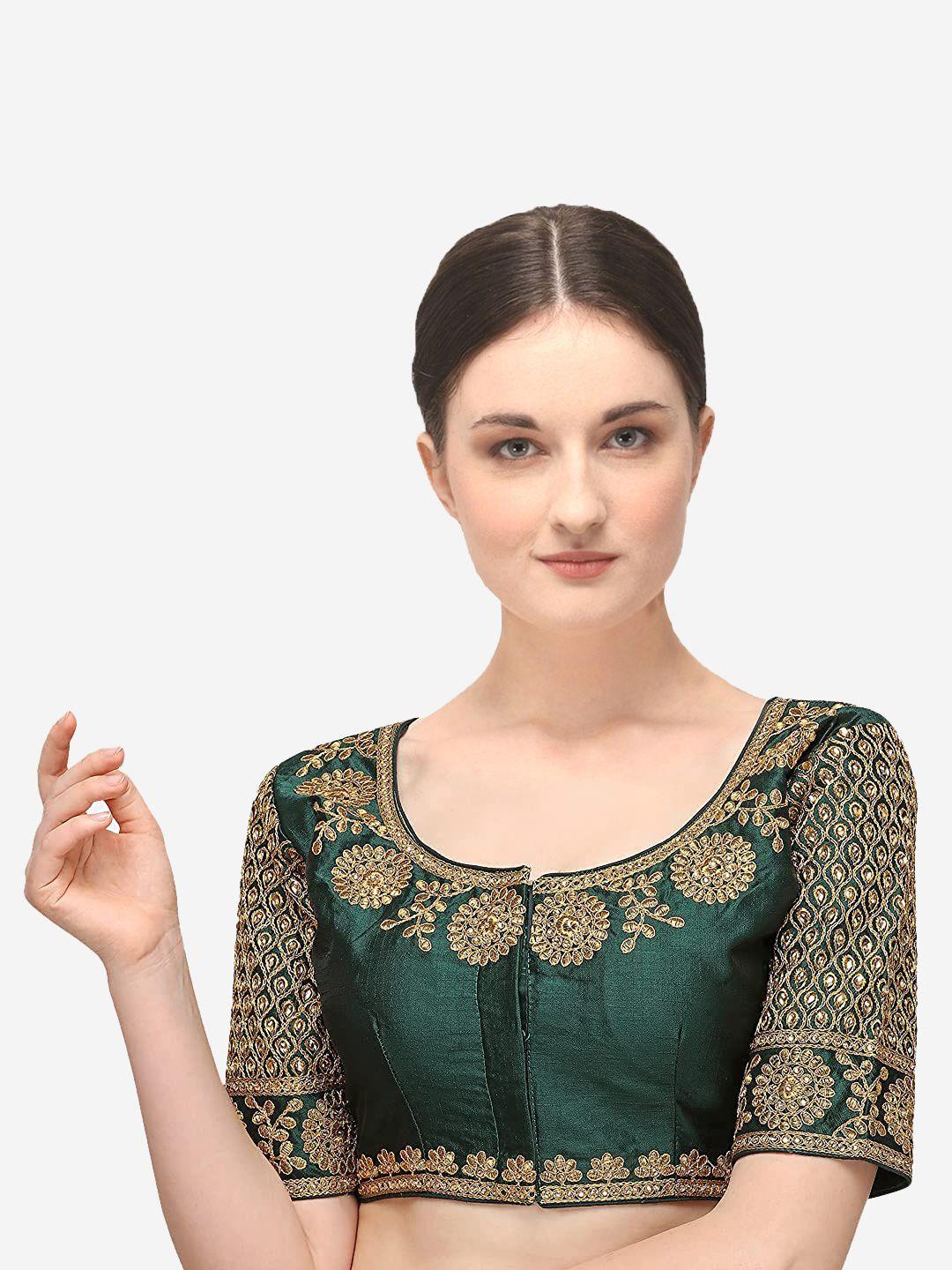 sumaira tex women green & gold-colored embroidered readymade saree blouse