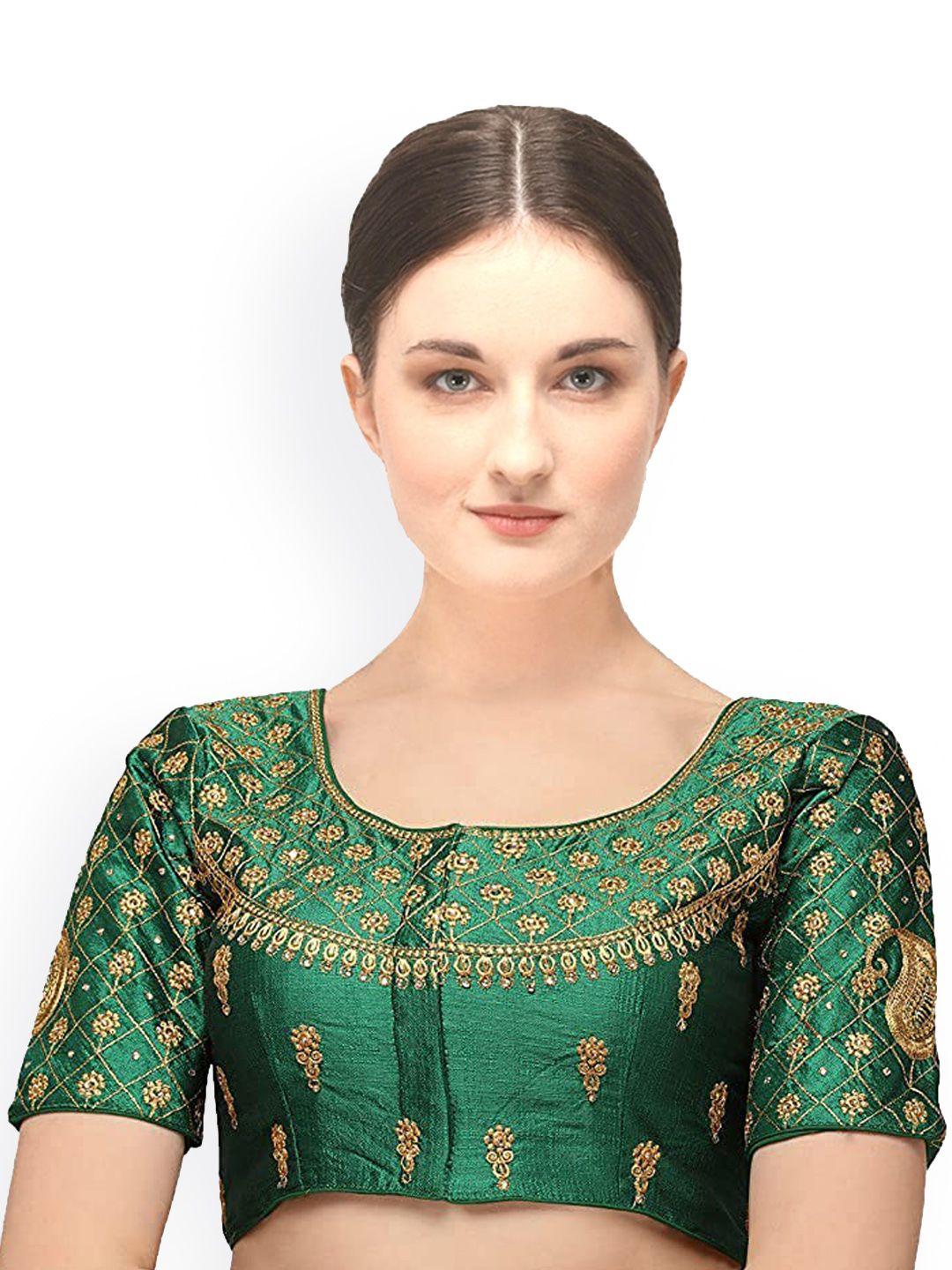 sumaira tex women green embroidered ready made saree blouse