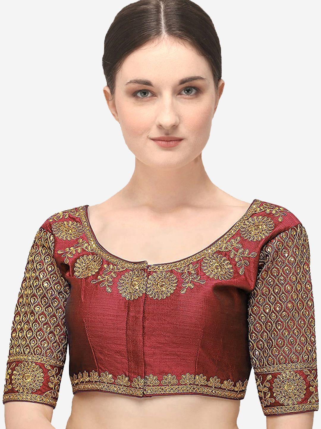 sumaira tex women maroon & gold-toned embroidered saree blouse