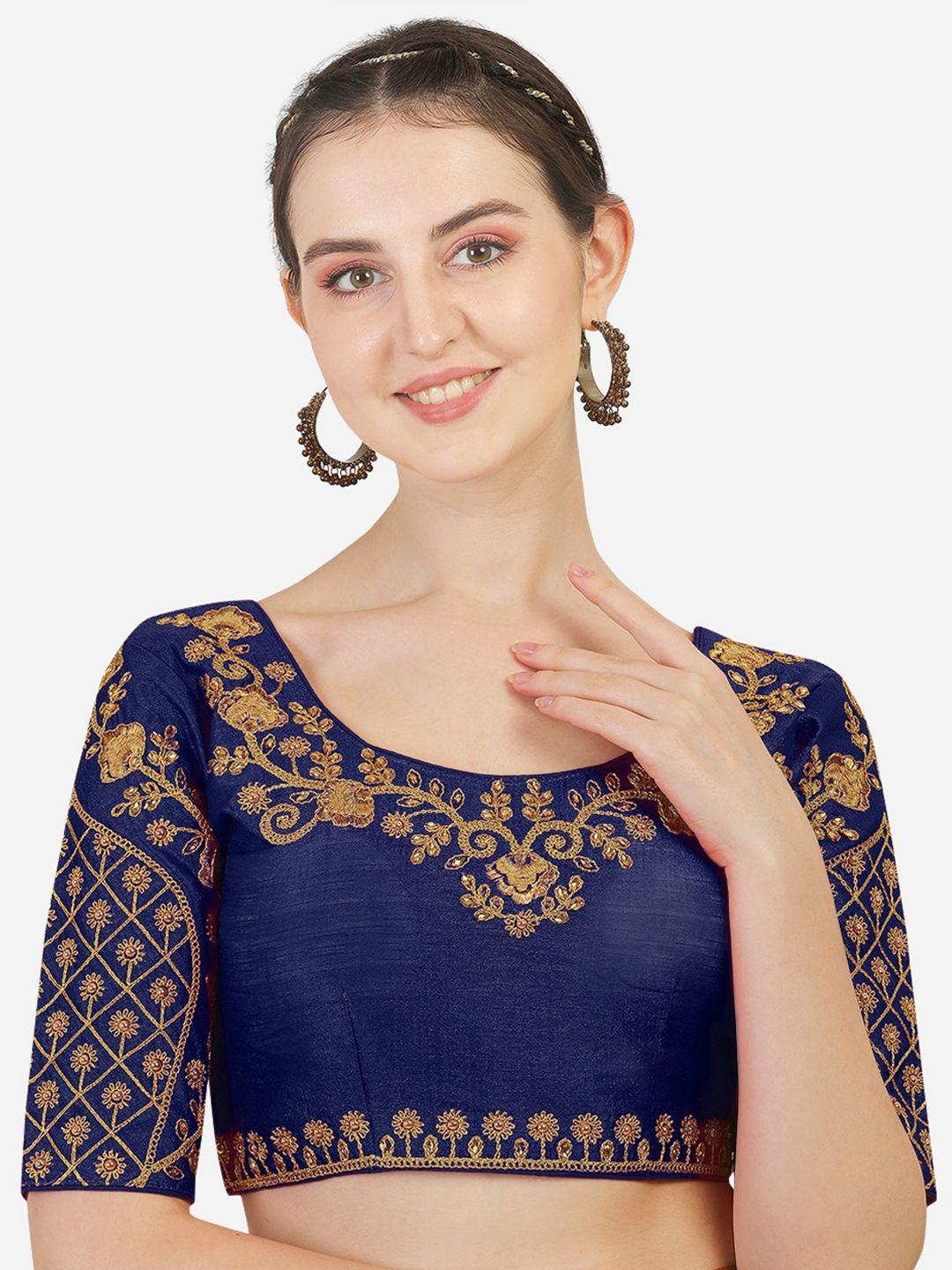 sumaira tex women navy blue & gold embroidered readymade saree blouse