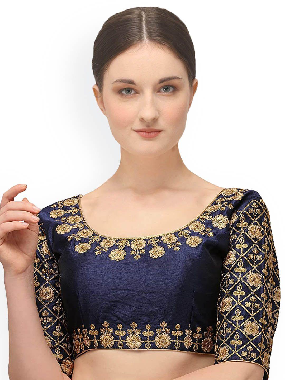 sumaira tex women navy blue embroidered readymade saree blouse