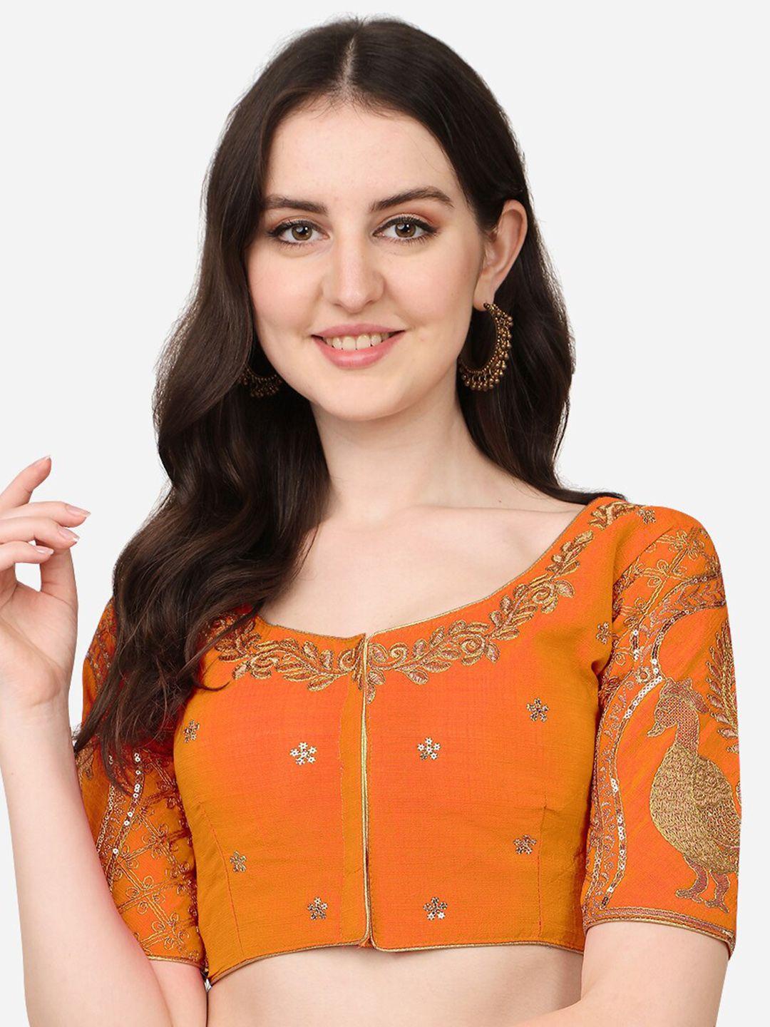 sumaira tex women orange & gold embroidered ready-made saree blouse