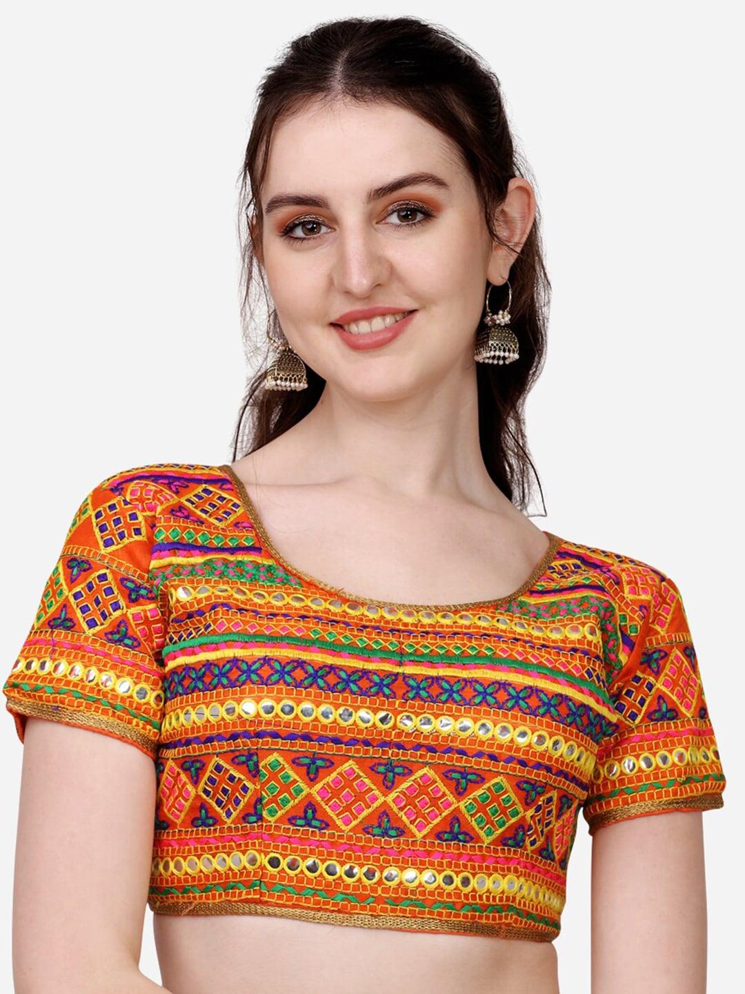 sumaira tex women orange colored & green embroidered silk saree blouse