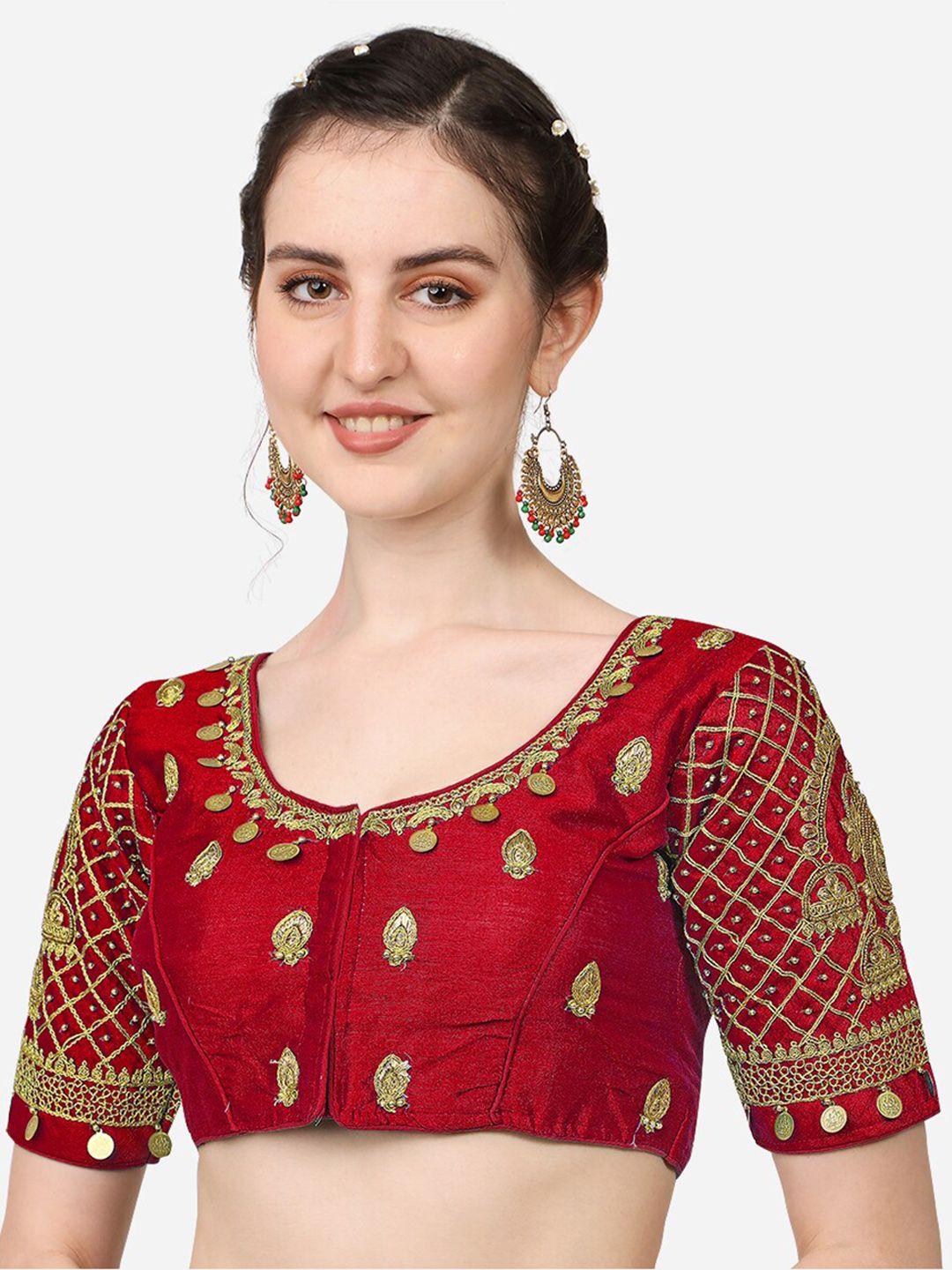 sumaira tex women red embroidered & khatli work readymade saree blouse