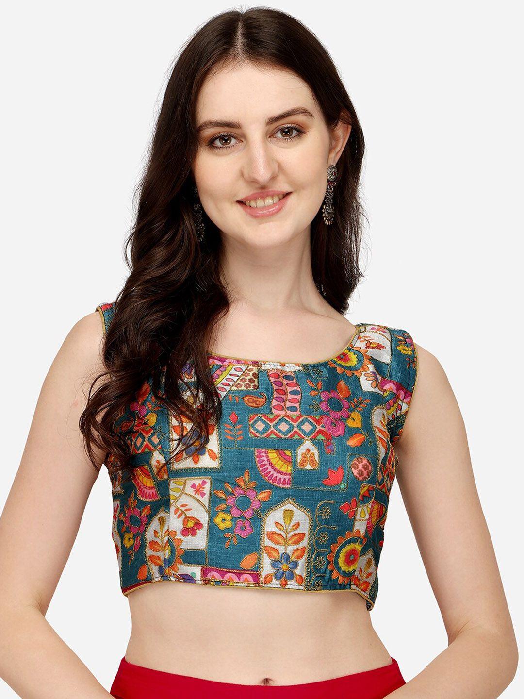 sumaira tex women turquoise blue digital printed embroidered saree blouse