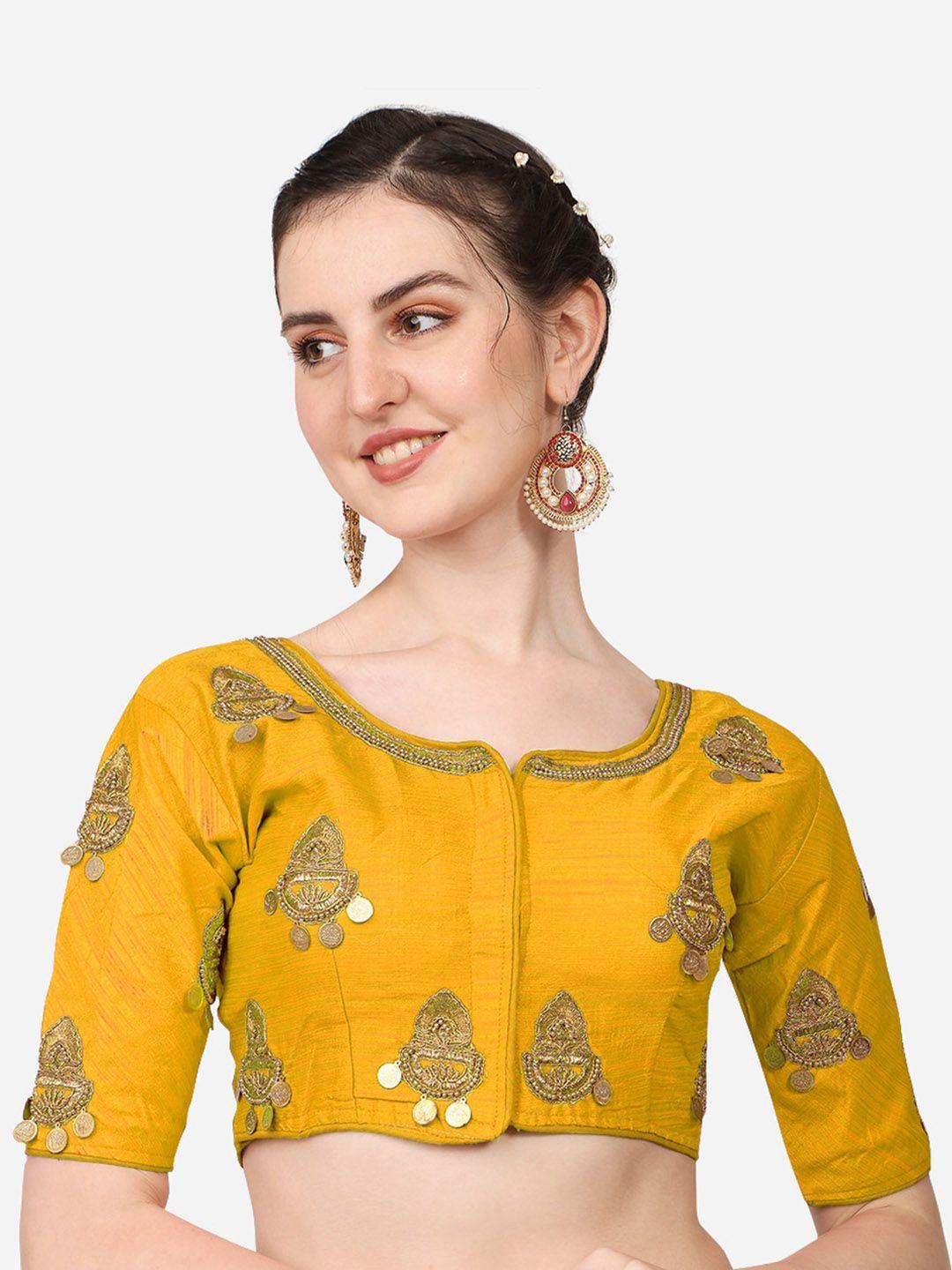 sumaira tex women yellow & gold embroidered saree blouse