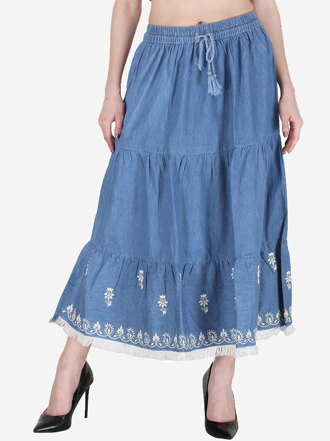 sumavi-fashion border embroidered flared midi denim skirt