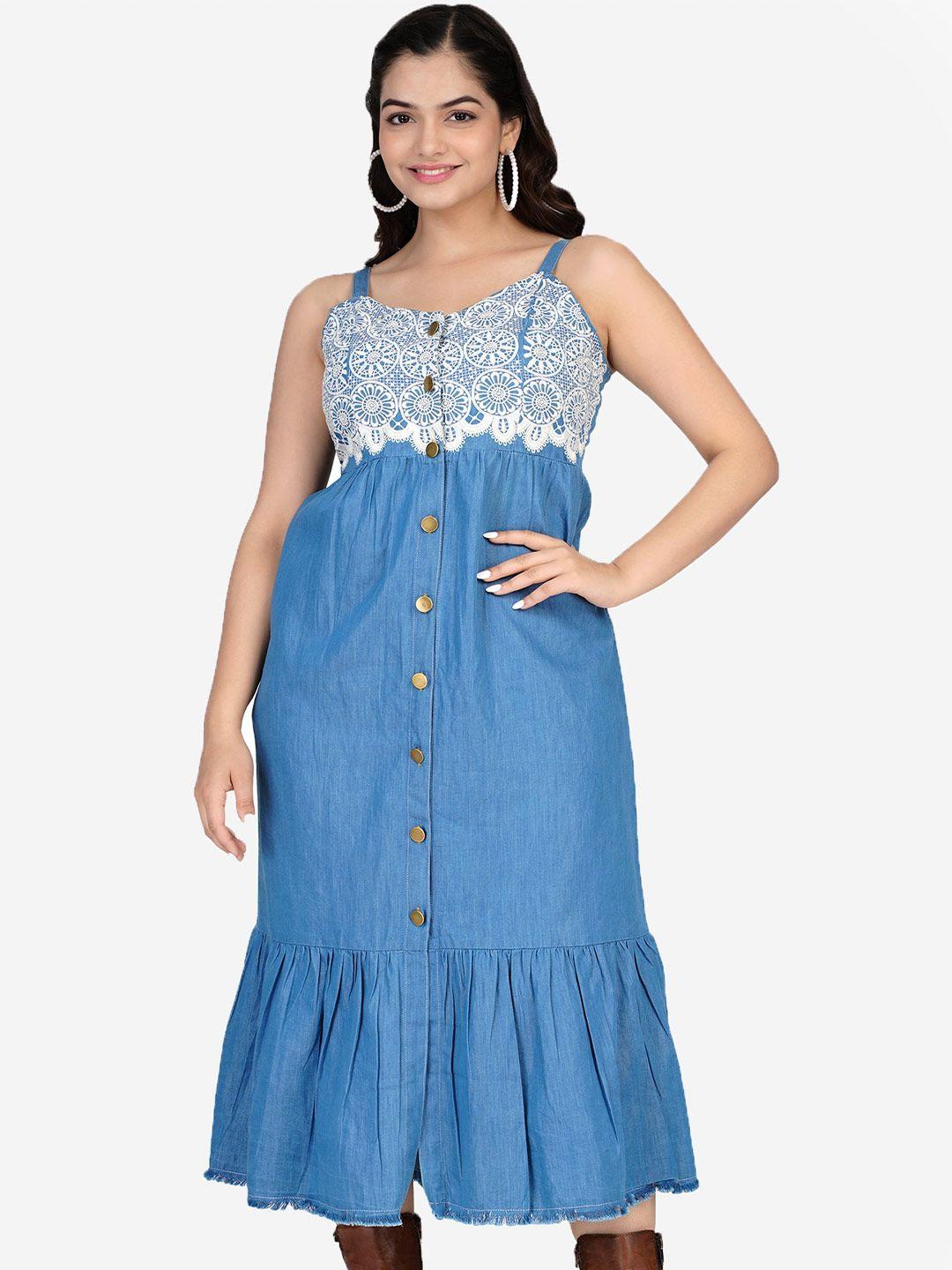 sumavi-fashion blue denim fit & flare midi dress