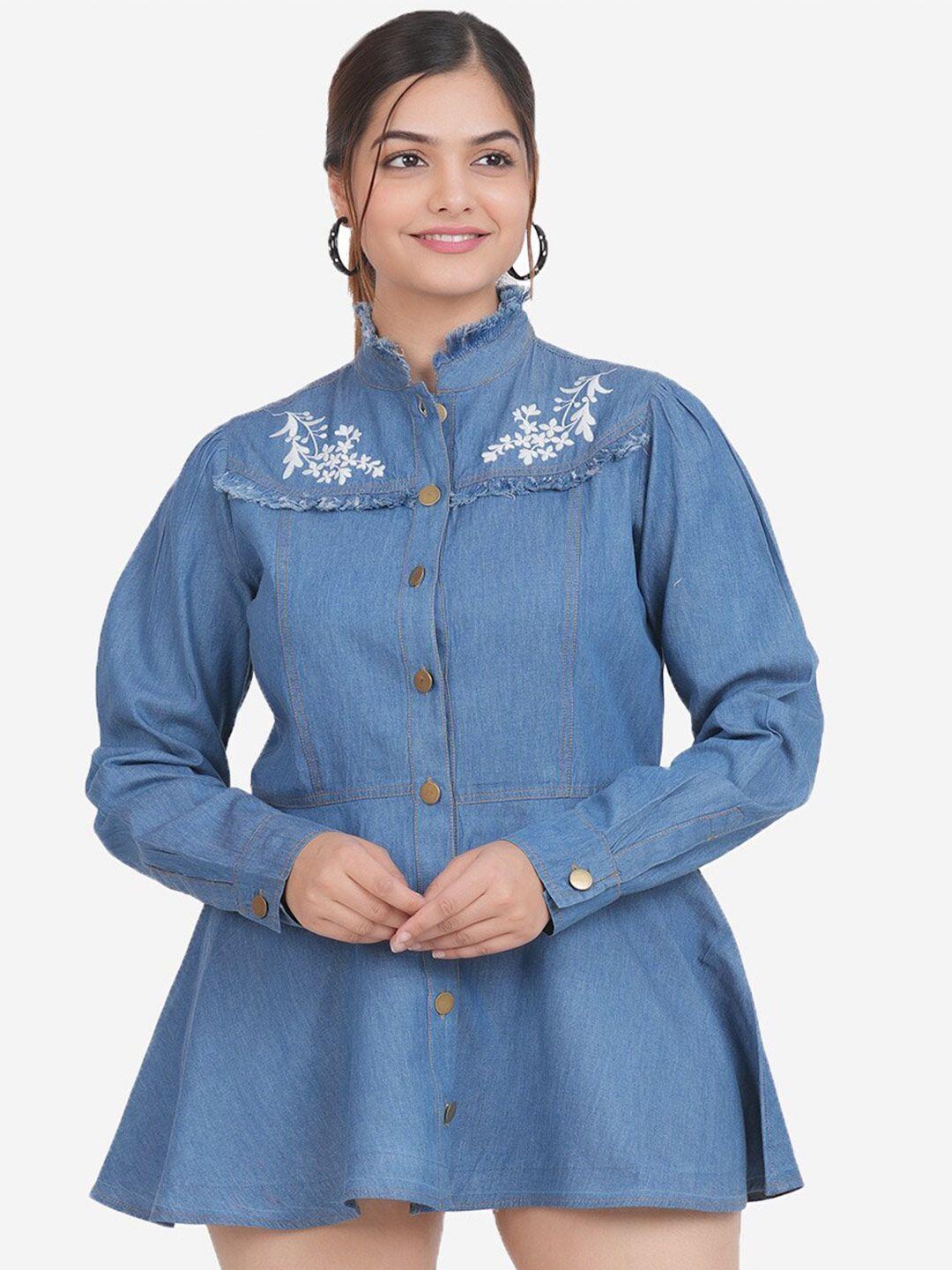 sumavi-fashion blue denim shirt mini dress