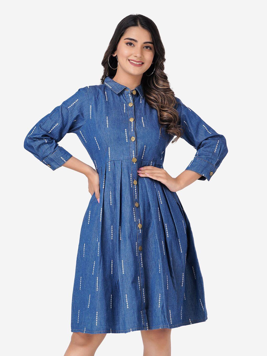 sumavi-fashion blue print organic cotton denim shirt dress