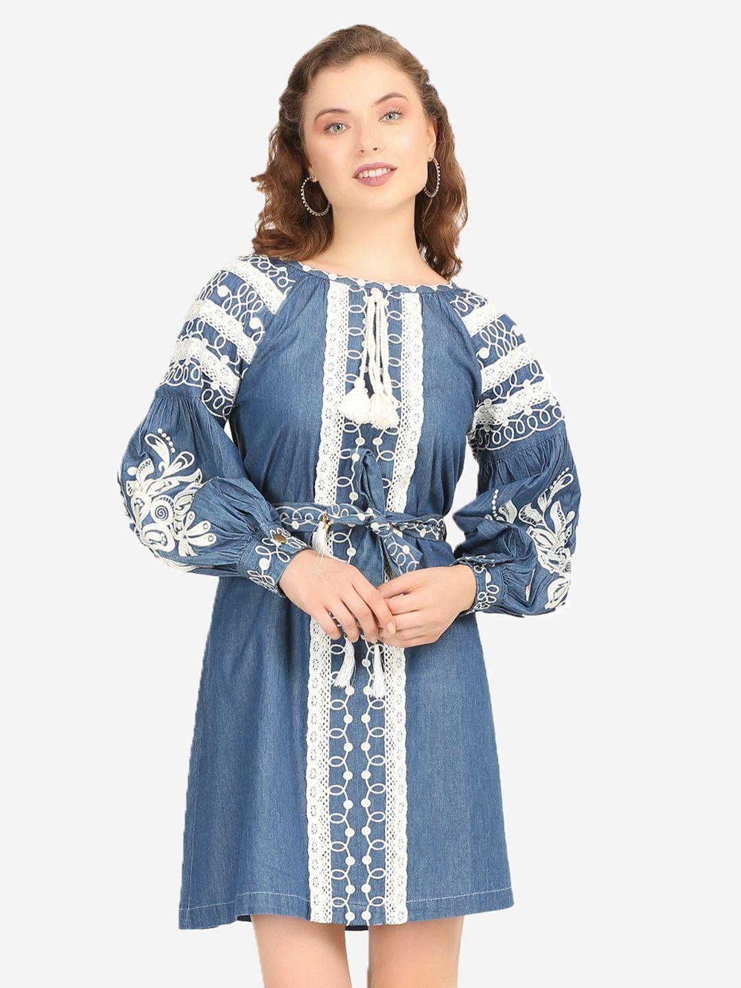 sumavi-fashion cuffed sleeves lace-up detail organic cotton denim a-line dress