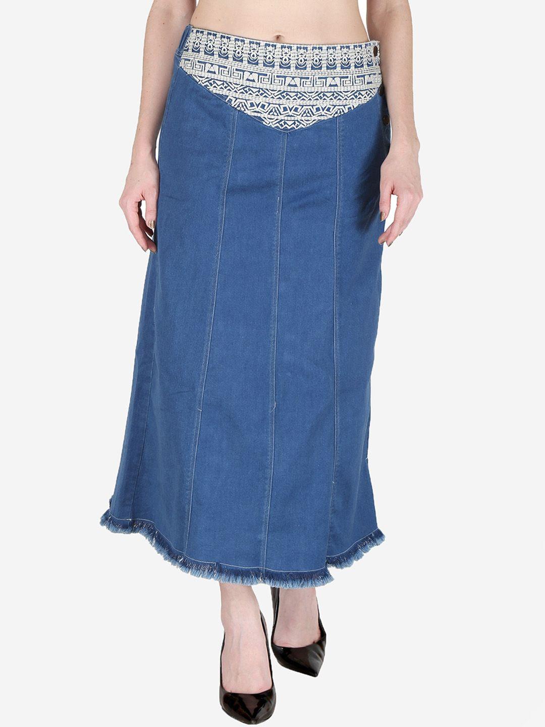 sumavi-fashion denim front embroidered maxi skirt