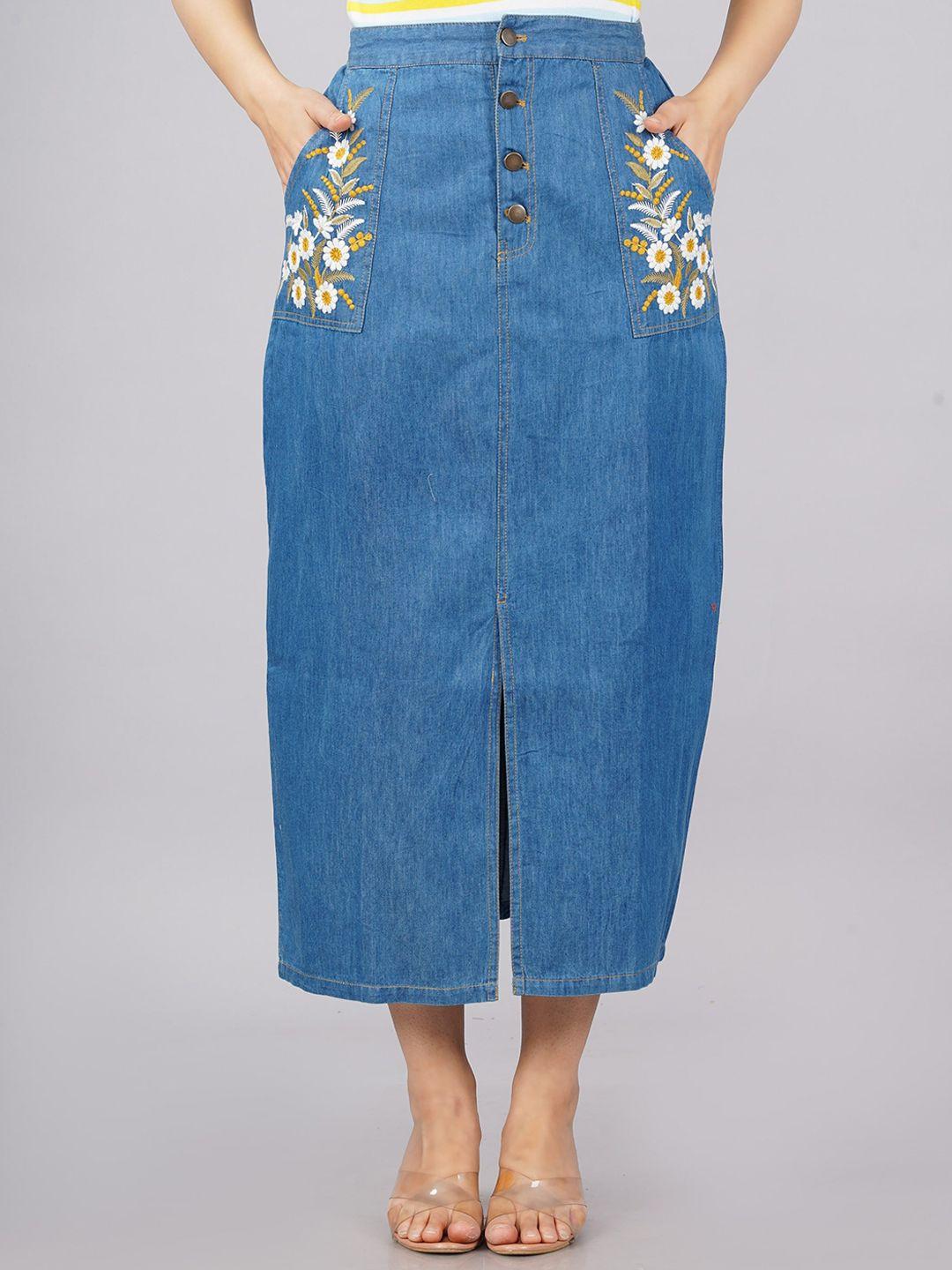 sumavi-fashion embroidered denim midi skirt