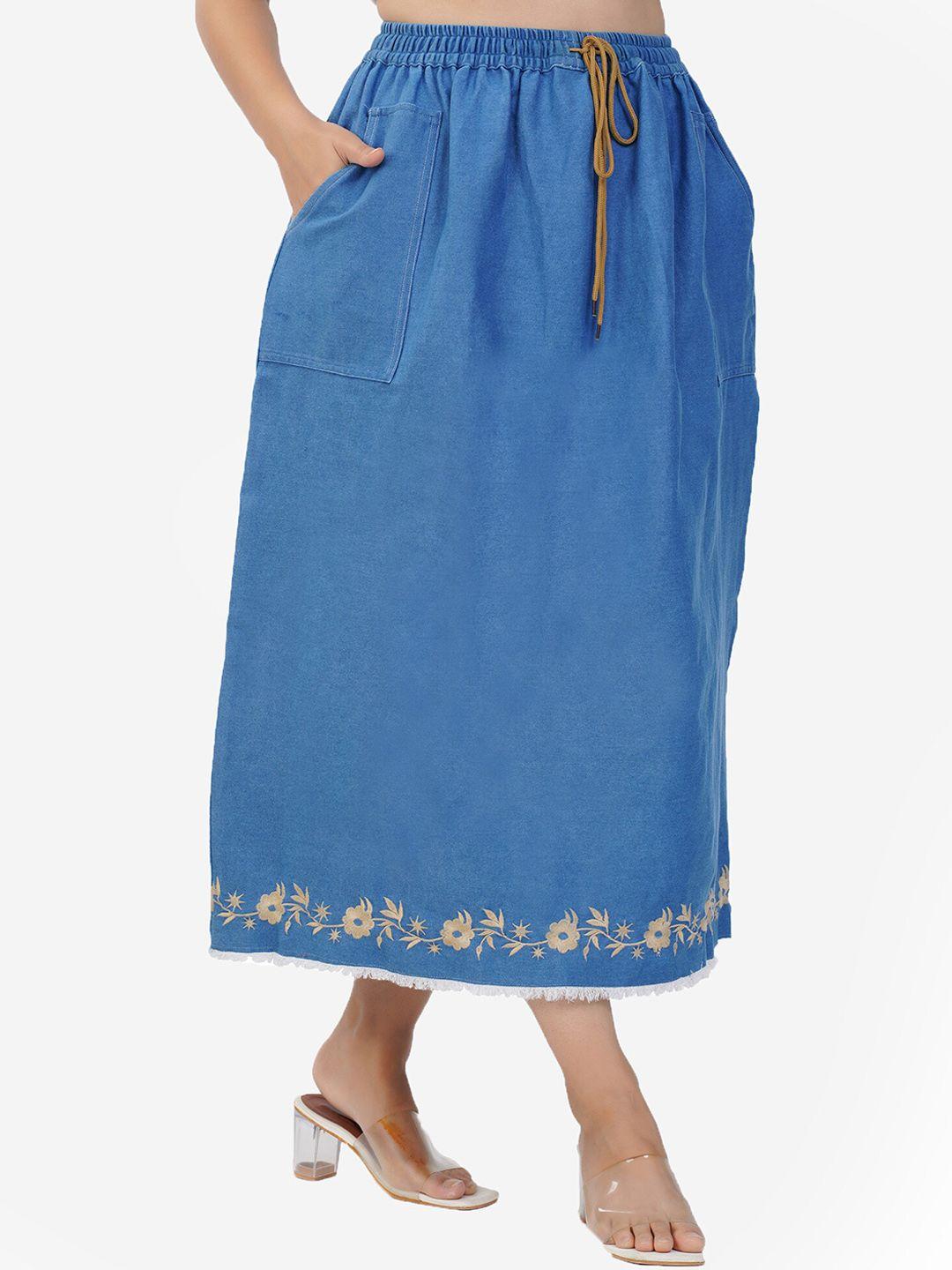sumavi-fashion embroidered detail denim indigo a-line maxi skirt