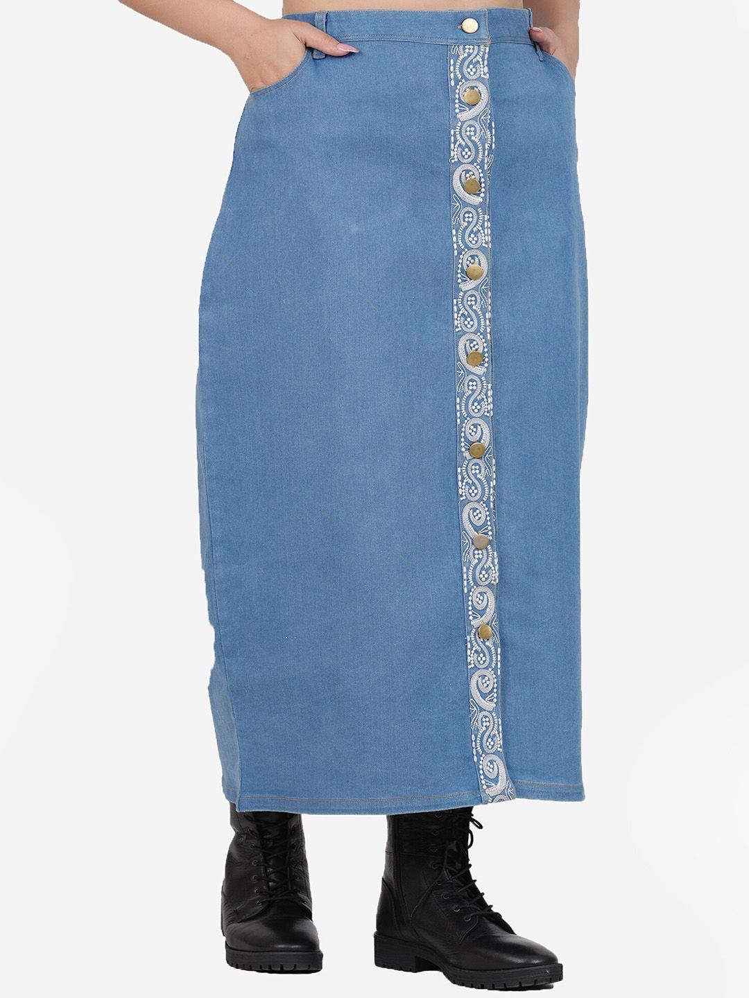 sumavi-fashion embroidered detail open leg denim indigo a-line maxi skirt