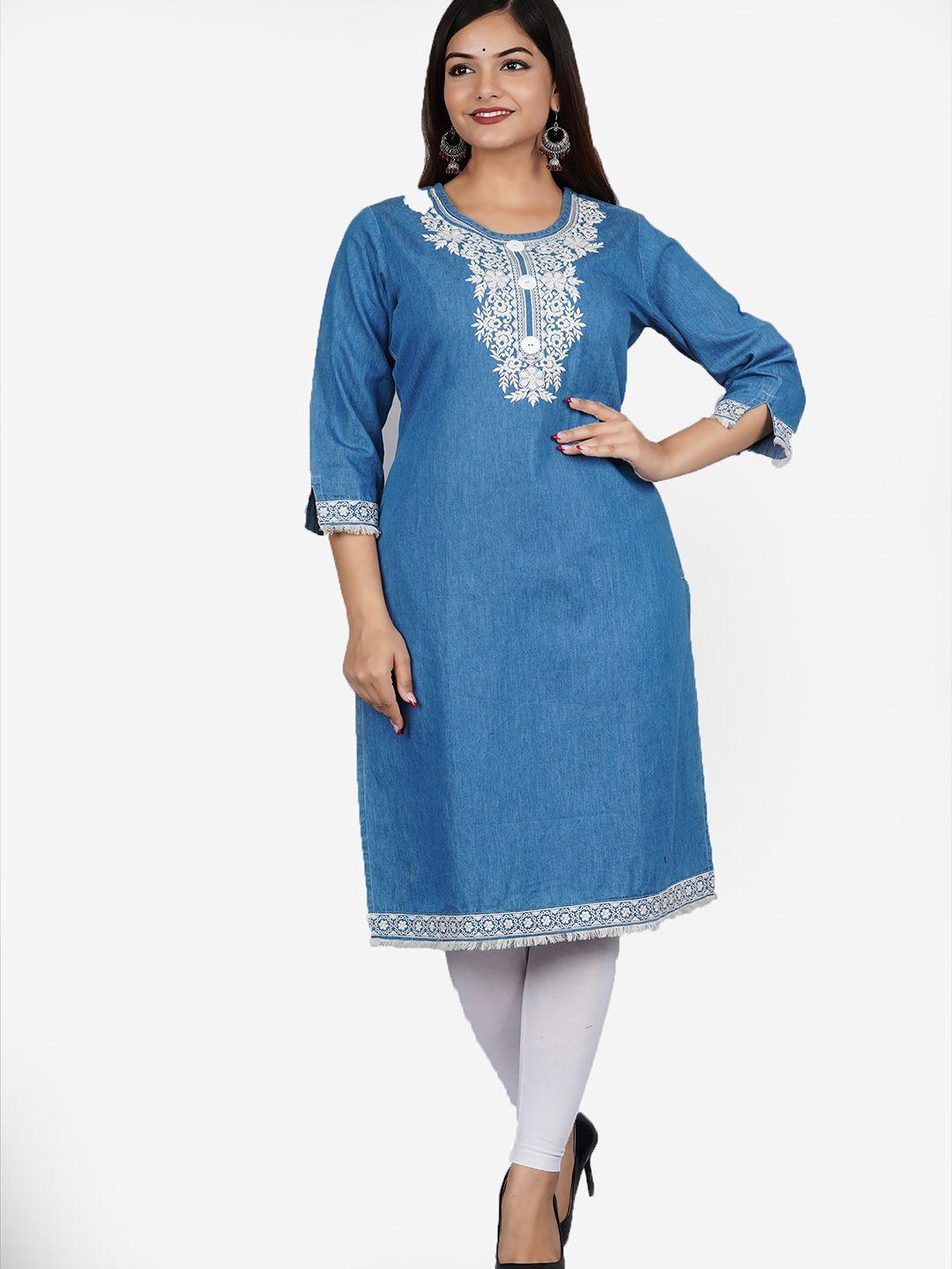 sumavi-fashion ethnic motifs yoke design thread work denim kurta