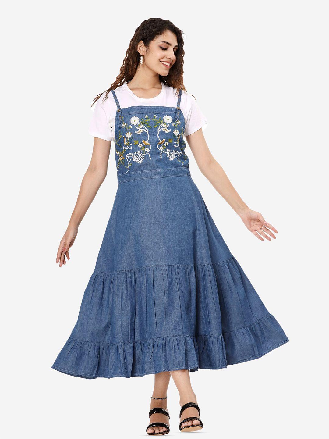 sumavi-fashion floral cotton denim a-line midi dress