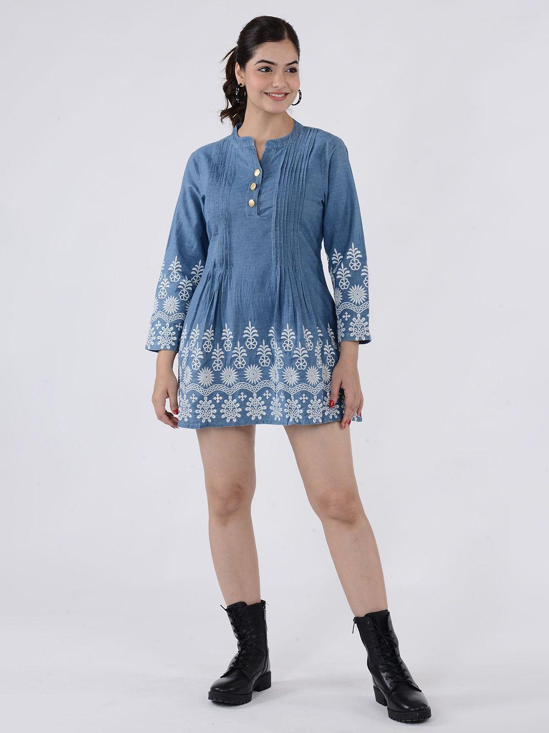 sumavi-fashion floral embroidered denim cotton a-line midi dress