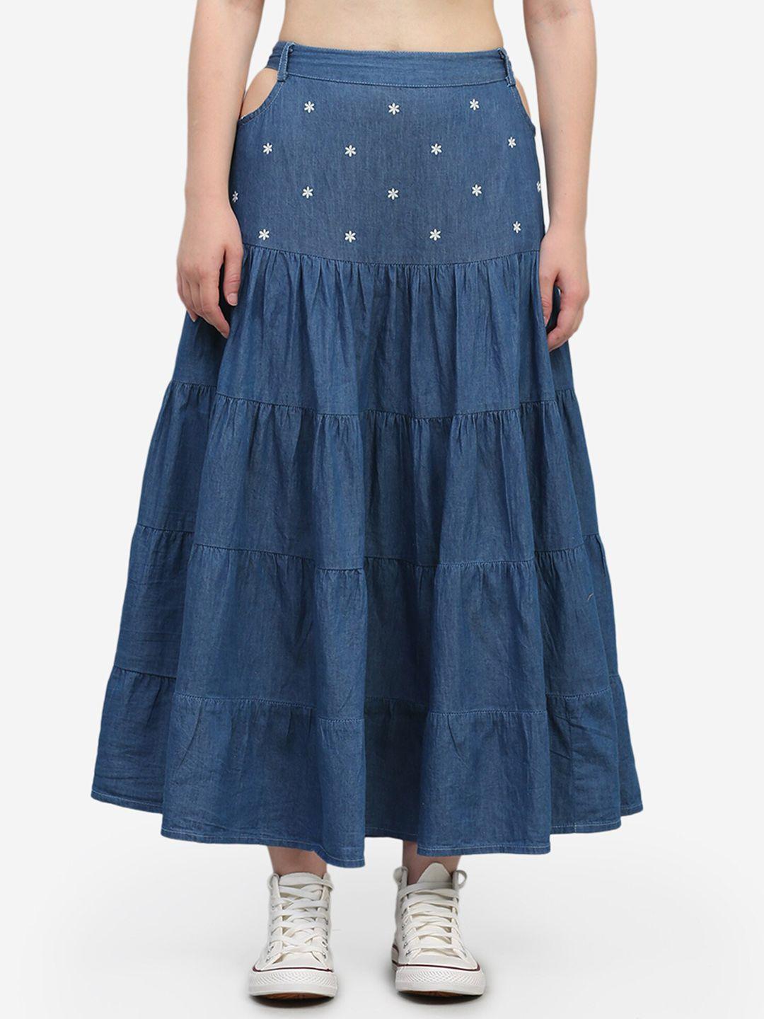 sumavi-fashion floral embroidered denim tiered maxi skirt