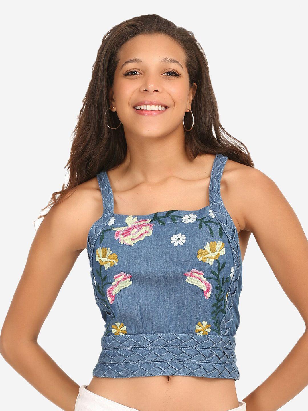 sumavi-fashion floral embroidered organic cotton denim crop fitted top