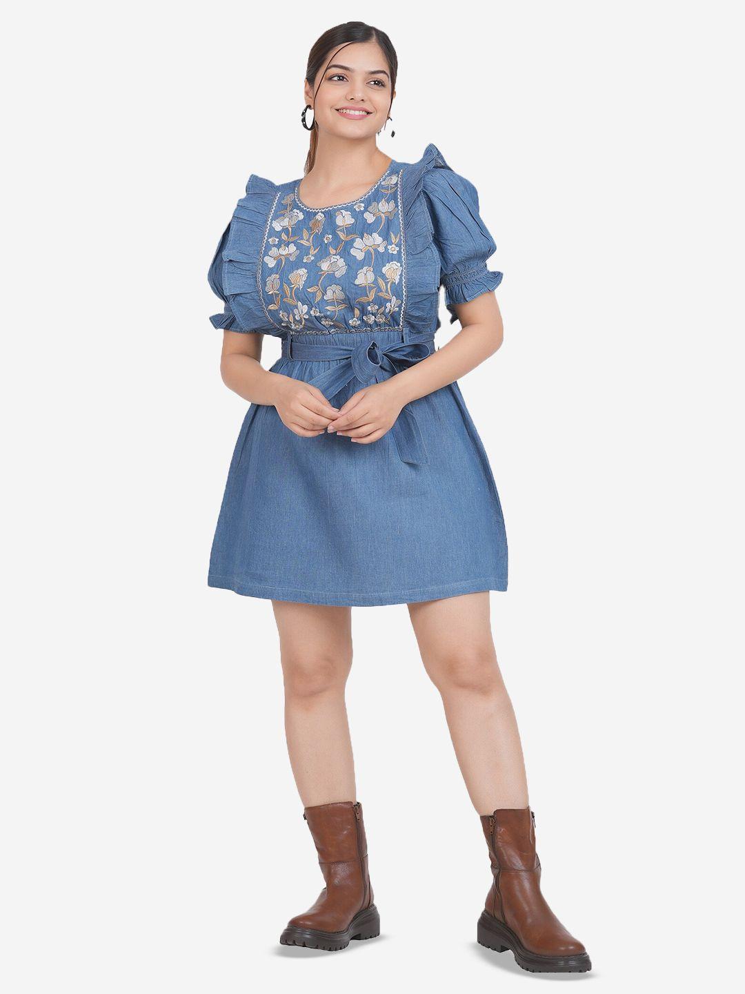 sumavi-fashion floral embroidered puff sleeve denim fit & flare dress