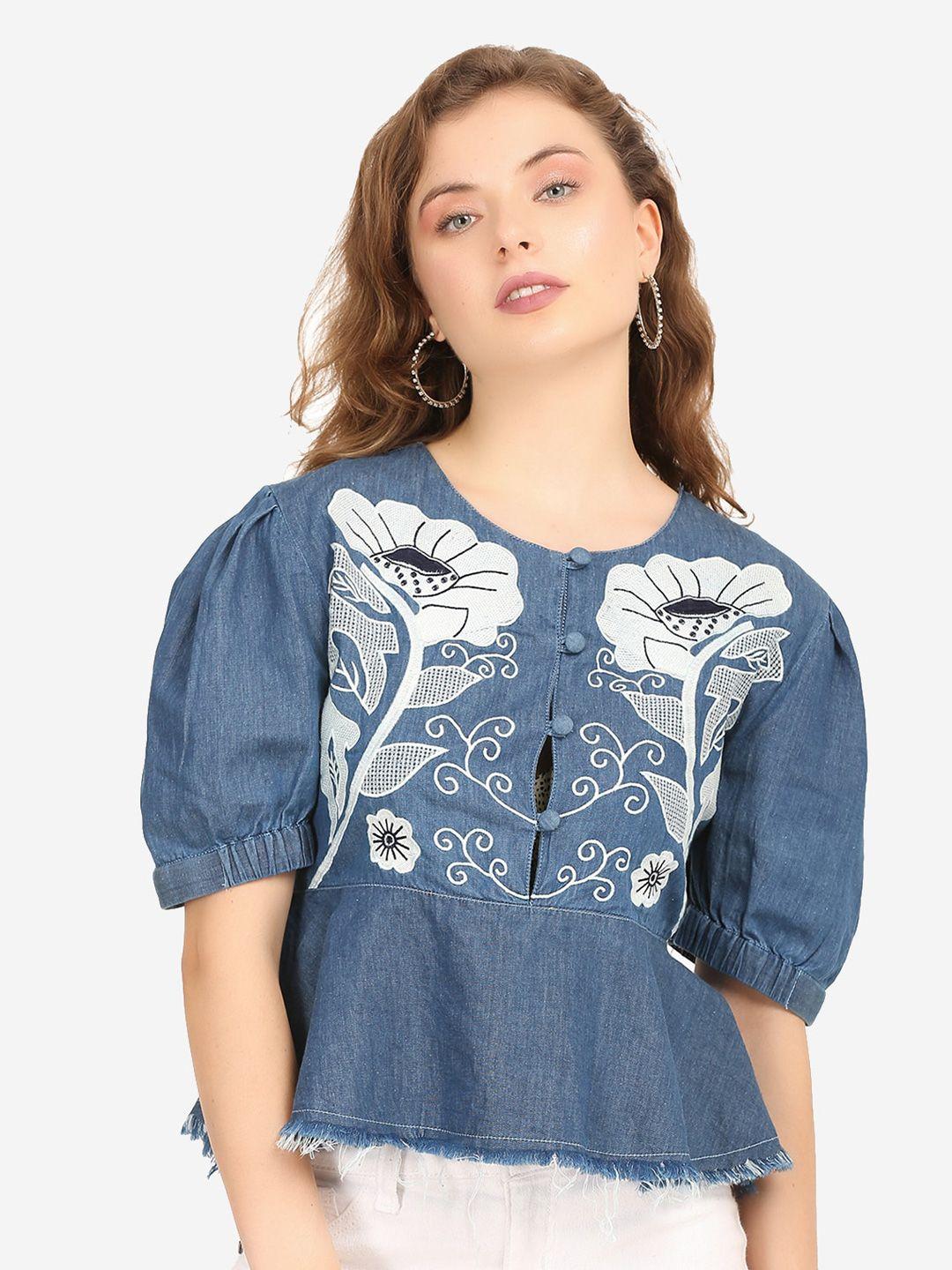 sumavi-fashion floral embroidered puff sleeve organic cotton denim peplum top