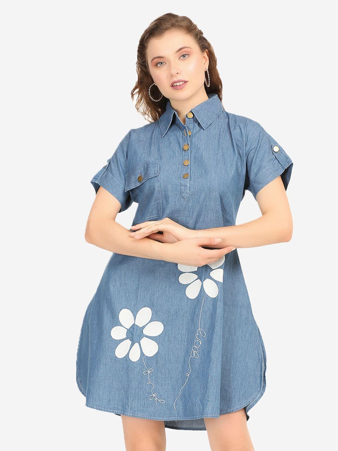 sumavi-fashion floral printed shirt collar organic cotton denim shirt dress