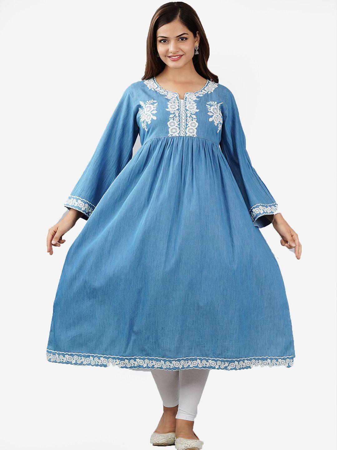 sumavi-fashion floral yoke design thread work denim anarkali kurta