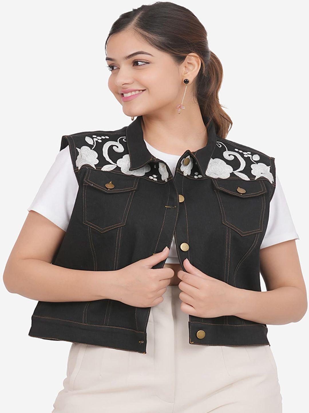 sumavi-fashion sleeveless crop denim jacket with embroidery