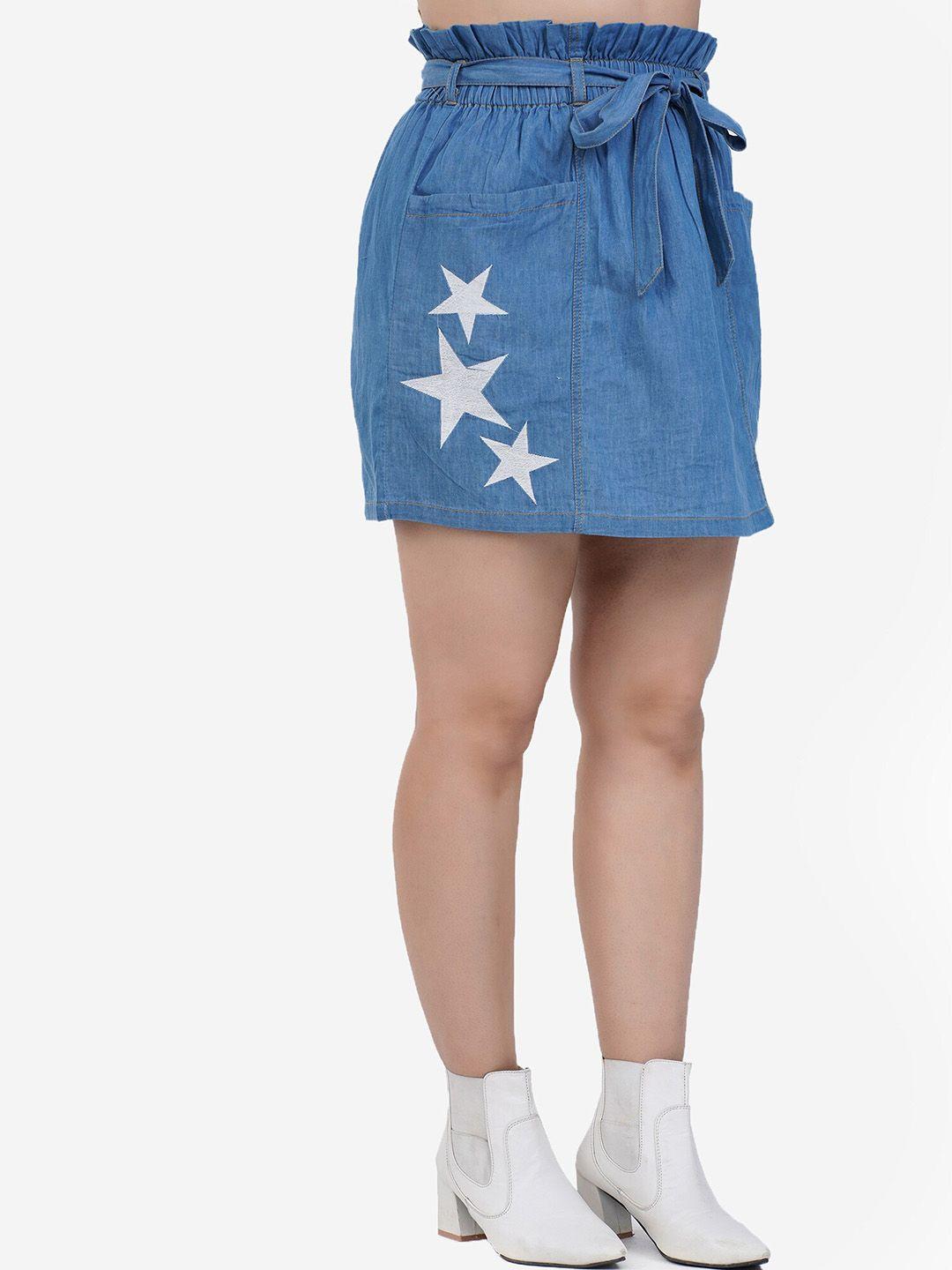 sumavi-fashion star printed detail denim indigo a-line mini skirt