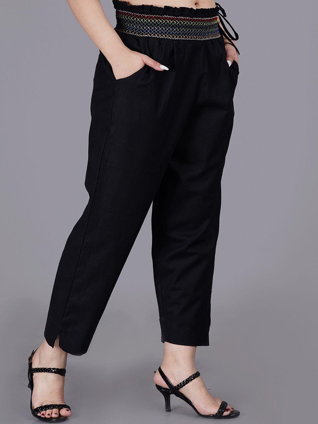 sumavi-fashion women black regular fit cotton cropped trousers