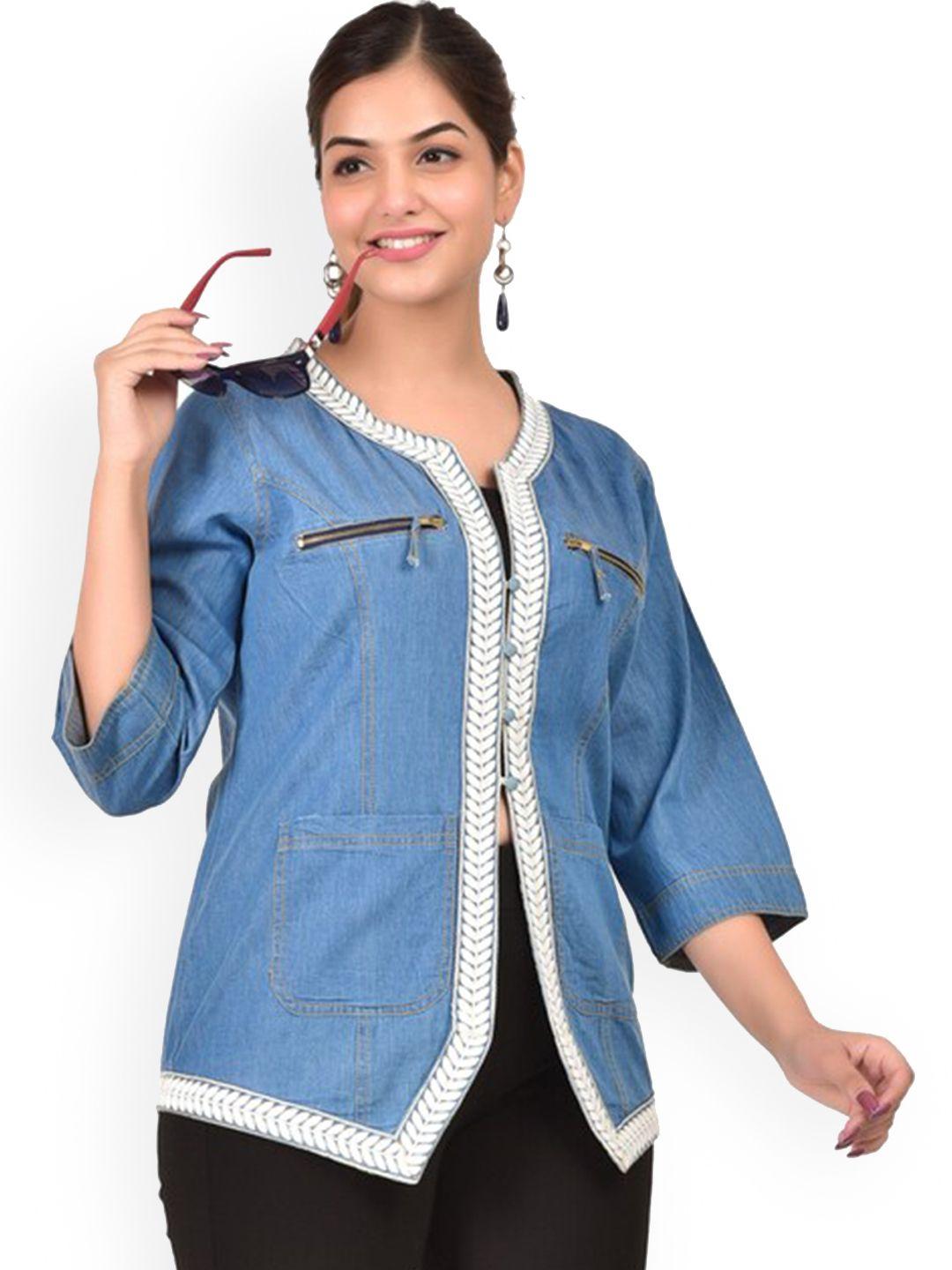 sumavi-fashion women blue & white self design cotton open front jacket