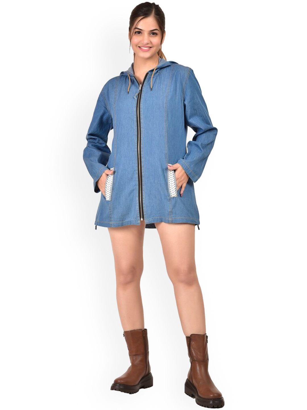 sumavi-fashion women blue embroidered cotton longline open front jacket