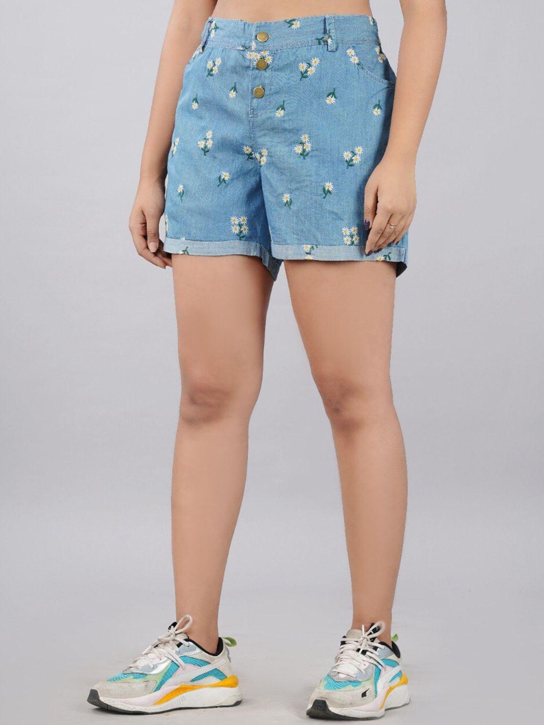 sumavi-fashion women blue floral printed high-rise denim shorts