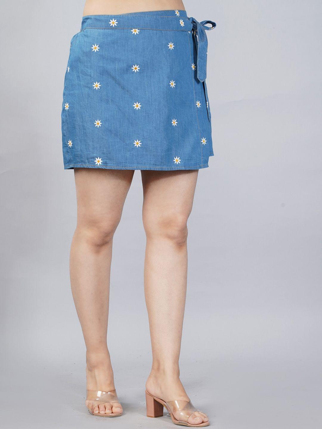 sumavi-fashion women blue floral printed straight mini skirt