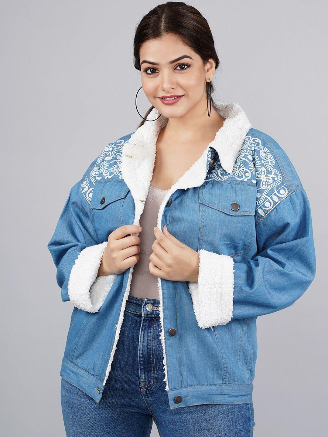 sumavi-fashion women blue lightweight embroidered fur crop denim jacket