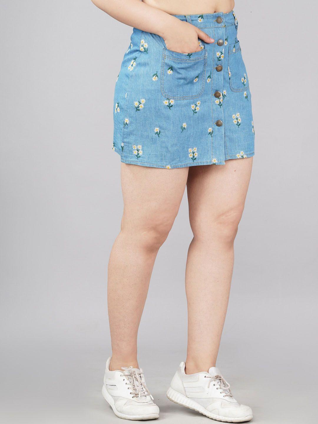 sumavi-fashion women blue printed denim mini straight skirt