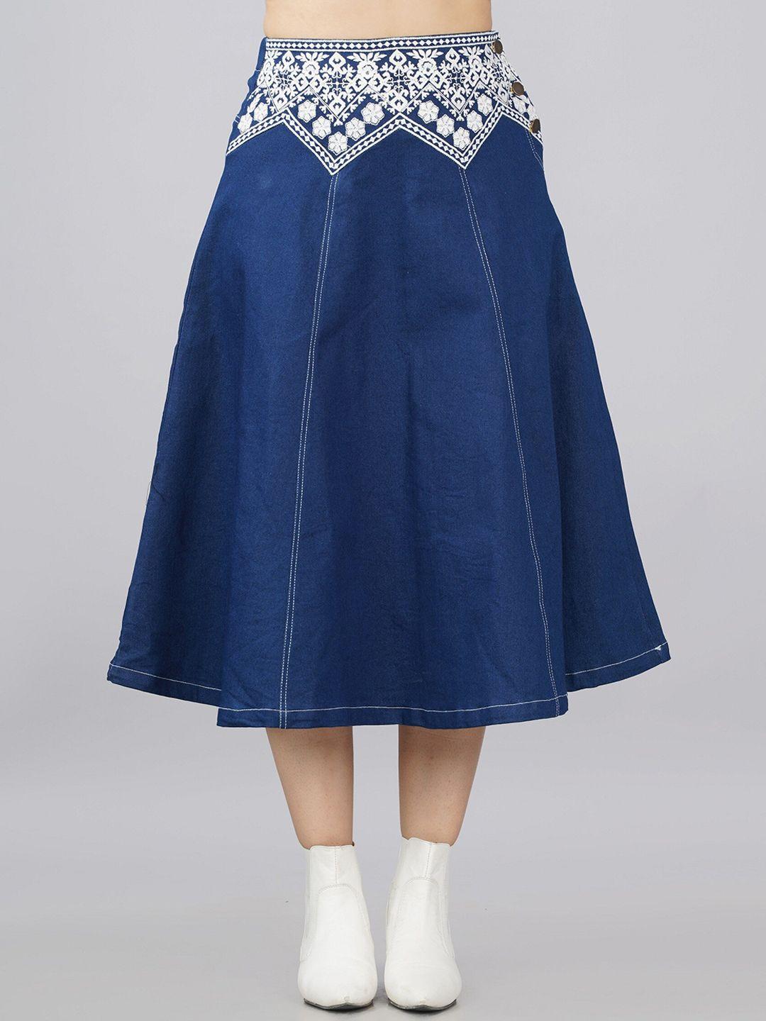 sumavi-fashion women blue solid embroidered knee-length skirt