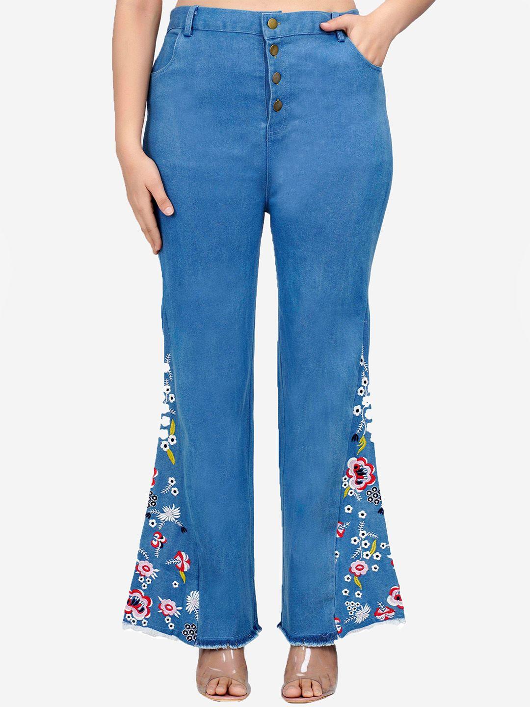sumavi-fashion women floral embroidered mid-rise denim trousers